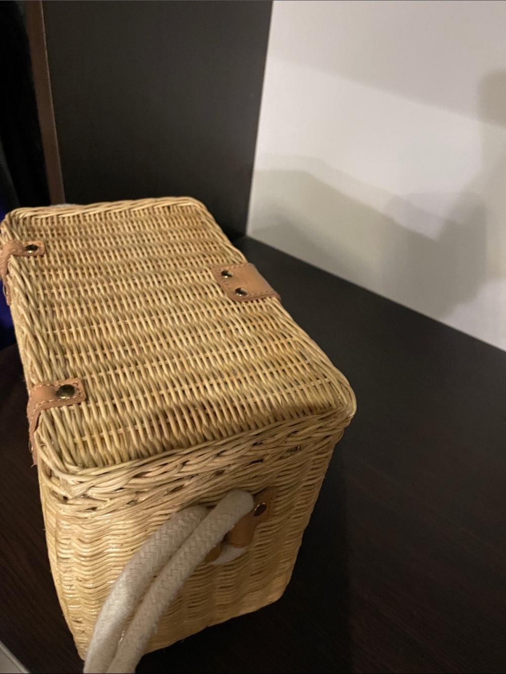 Woven Straw Tote Box Bag with Tan Leather Accent - Picture 3 of 11